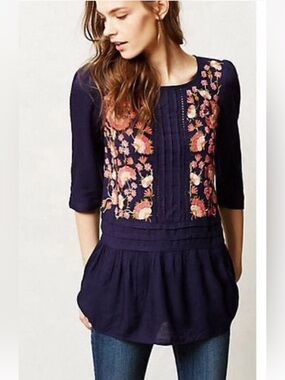 Anthropologie Floreat Embroidered Floral Pin Tick Navy Blue Pink Blouse Size 0